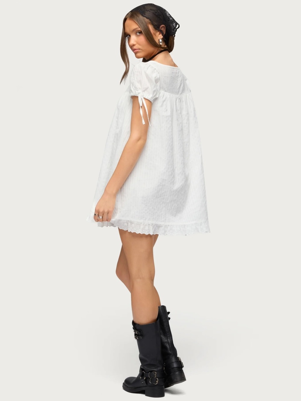 Edikted Sepid Striped Cotton White Mini Babydoll Dress NWT Medium - Picture 4 of 4